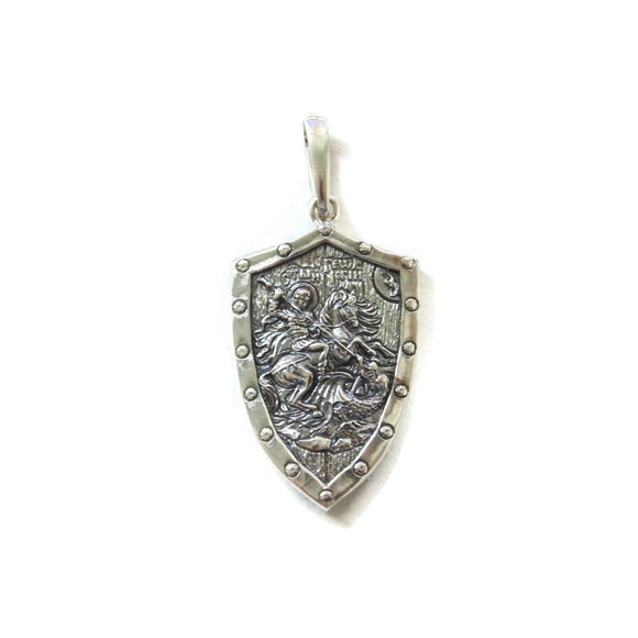 925 Sterling Silver Pendant St George Shield Mens Biker Dragon Eagle Fight Snake - Picture 3 of 7